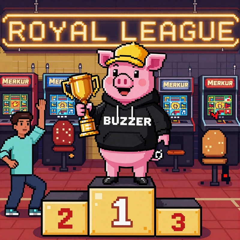 Buzzer Schwein gewinnt Royal League Turnier in Retro-Spielothek mit goldenem Pokal