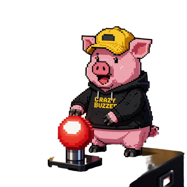 Buzzer Schwein dr&uuml;ckt rote Buzzer-Taste mit Begeisterung im CrazyBuzzer Casino