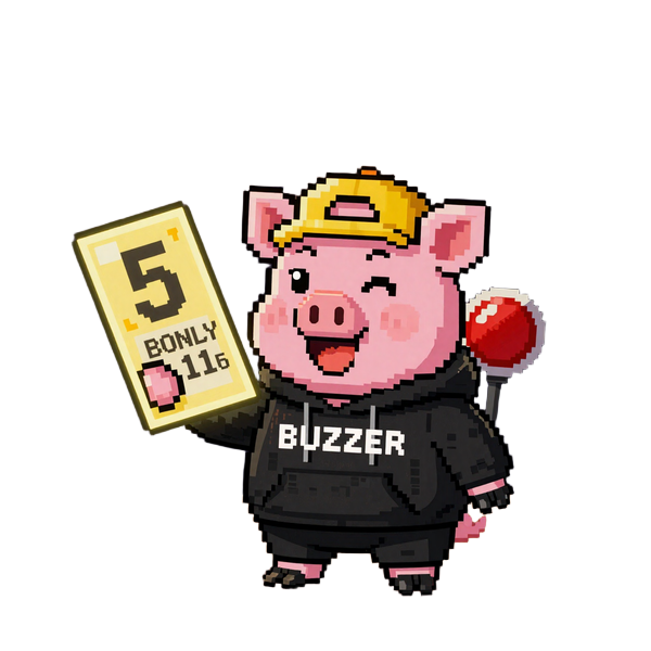 Buzzer Schwein h&auml;lt 5 Euro Bonus-Gutschein und winkt zum Mitspielen