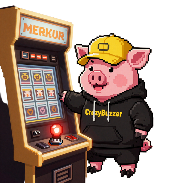 Buzzer Schwein Maskottchen mit gelber Kappe am Merkur Arcade-Automat im CrazyBuzzer Casino